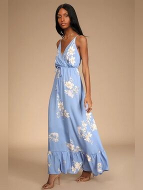LIKE NEW Lulus Endless Vacay Light Blue Floral Print Surplice Maxi Dress